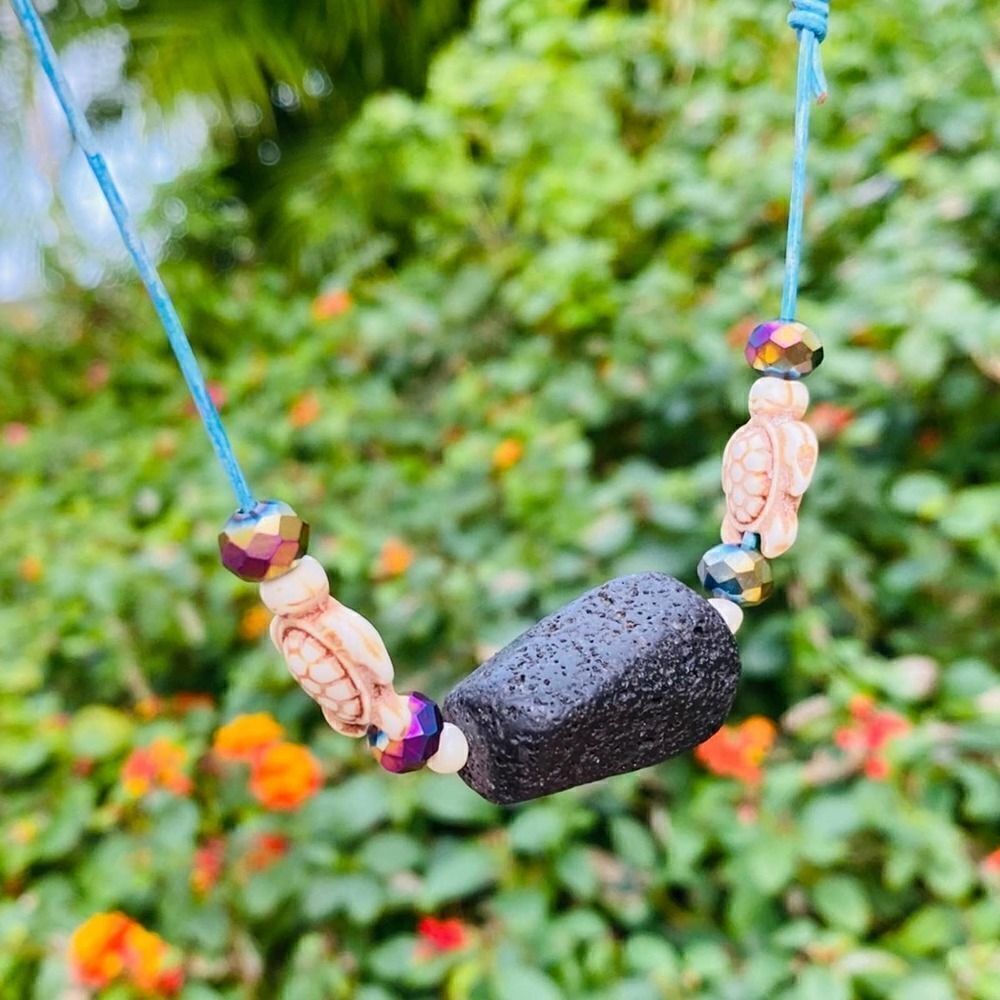 Black Lava Stone Turtle Leather Necklace Handmade